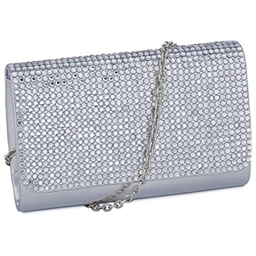  Silver Metallic Clutch w/ Crystal Trimmed Flap & Silver Chain saugusshoes.com
